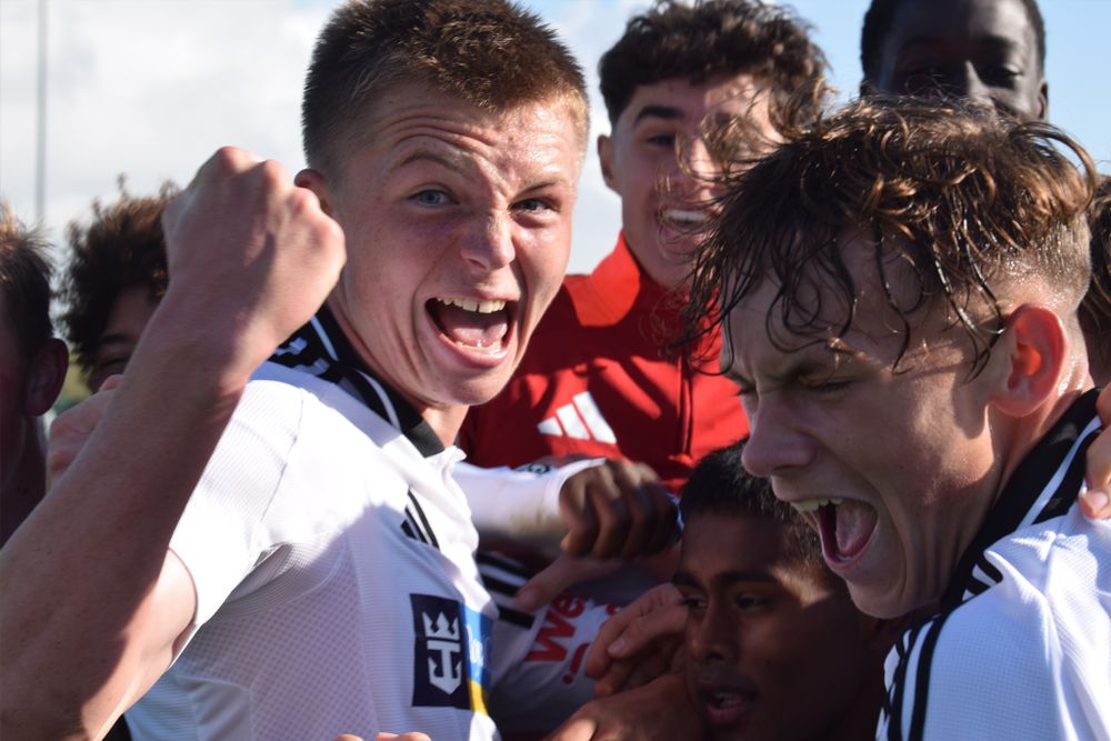 Fulham U18s players celebrate Logan Cooke's last minute goal Fulham U18s players celebrate Logan Cooke's last minute goal