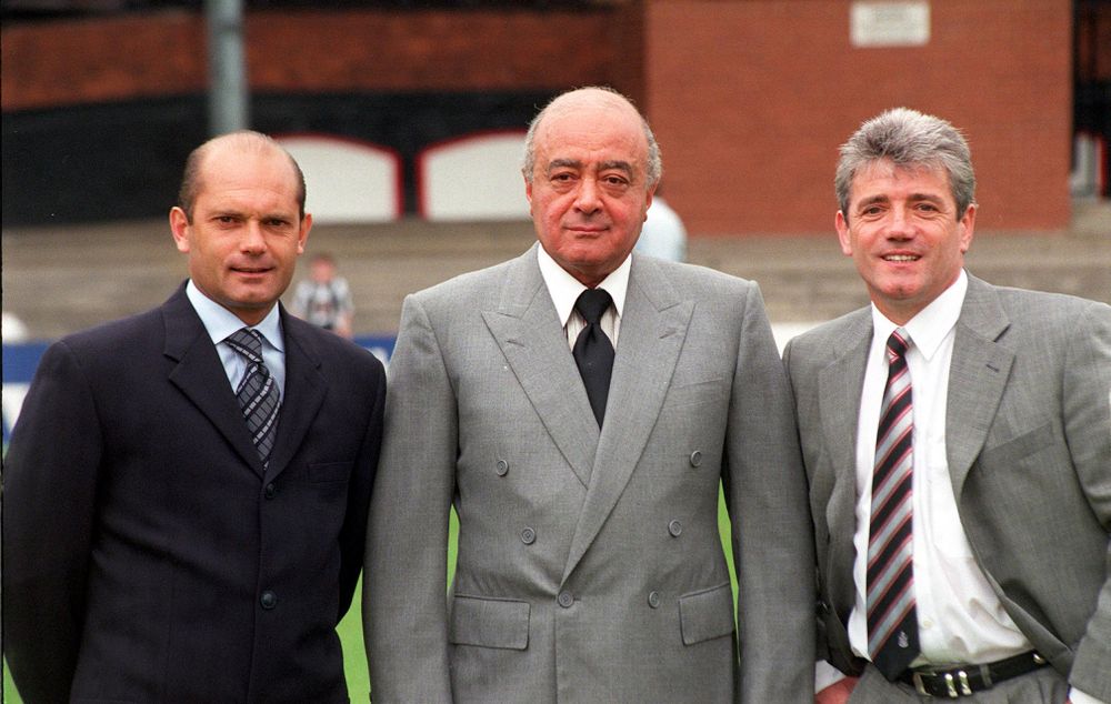 Mohamed Al Fayed with Manager Ray Wilkins and Chief Operating Officer Kevin Keegan