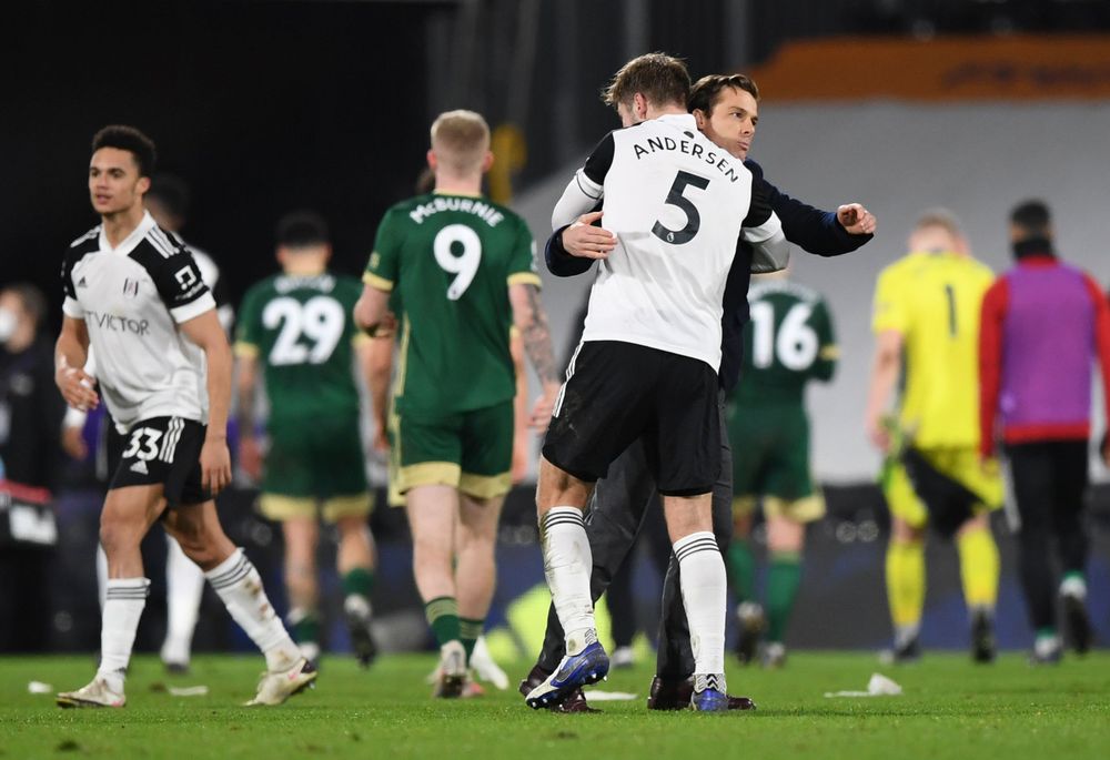 Scott Parker and Joachim Andersen embrace after FT