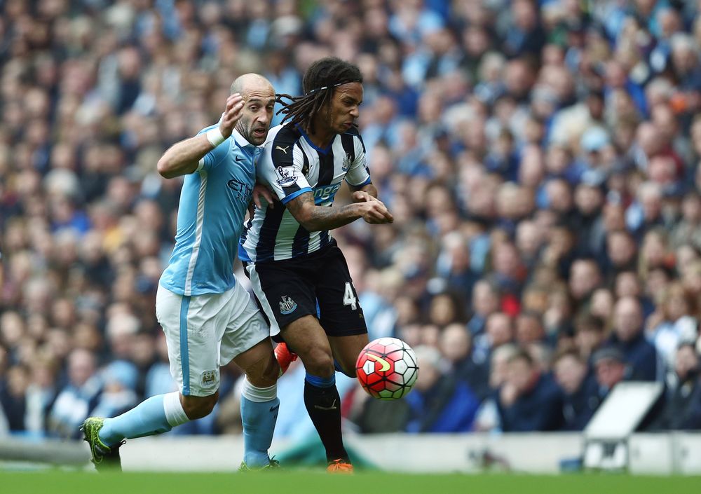 Kevin Mbabu in action for Newcastle United against Manchester City in October 2015