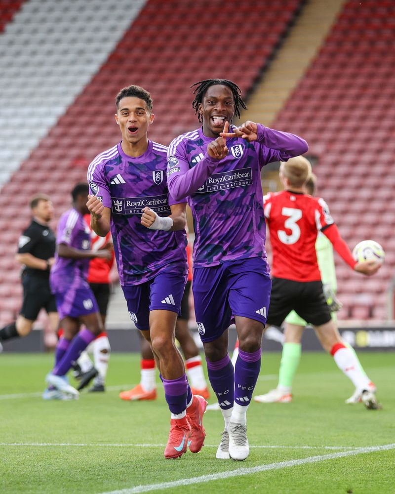 Martial Godo celebrates scoring for Fulham Under-21s against Southampton Under-21s Martial Godo celebrates scoring for Fulham Under-21s against Southampton Under-21s