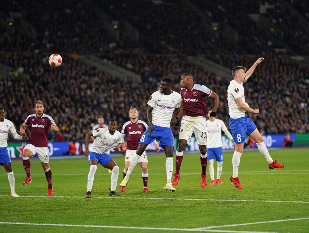 Issa Diop scores for West Ham in the Europa League last season