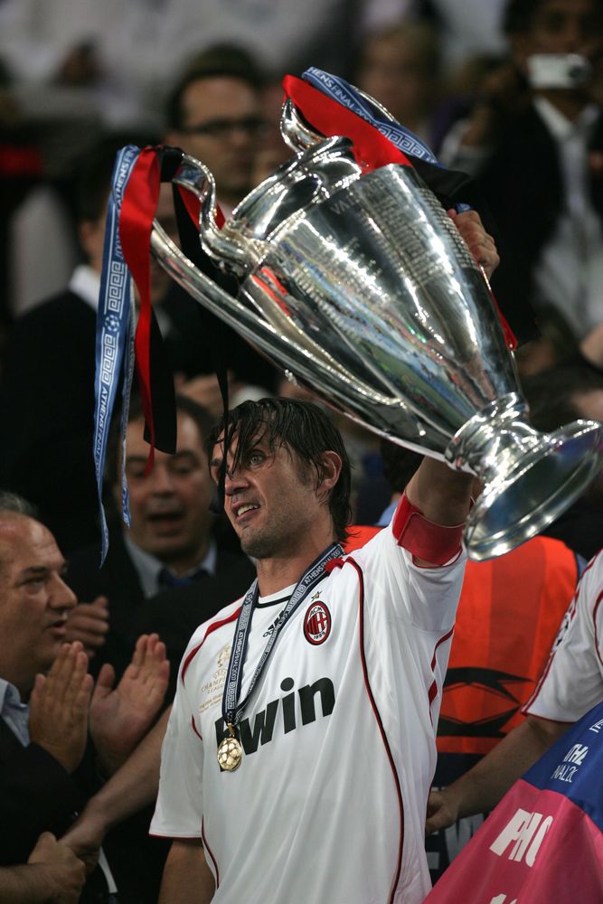 Paolo Maldini with the Champions League trophy after AC Milan's defeat of Liverpool in 2007 Paolo Maldini with the Champions League trophy after AC Milan's defeat of Liverpool in 2007