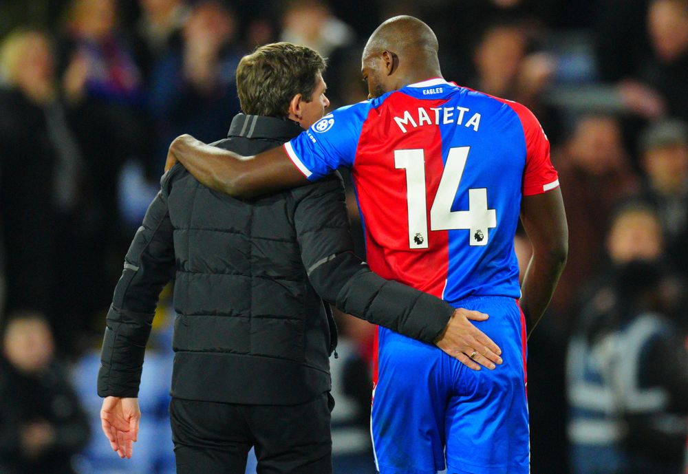 Jean Philippe Mateta and Oliver Glasner celebrate following victory over Newcastle in midweek Jean Philippe Mateta and Oliver Glasner celebrate following victory over Newcastle in midweek