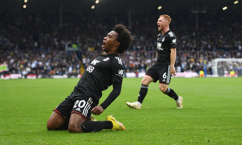 Willian celebrates his goal against Leeds