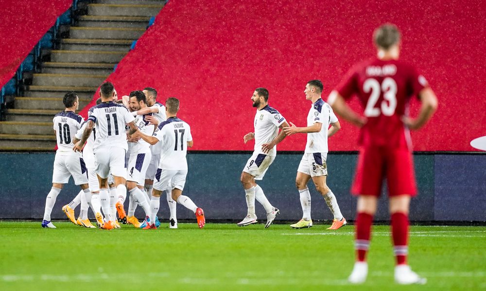 Aleksandar Mitrović and his teammates celebrate the opening goal Aleksandar Mitrović and his teammates celebrate the opening goal