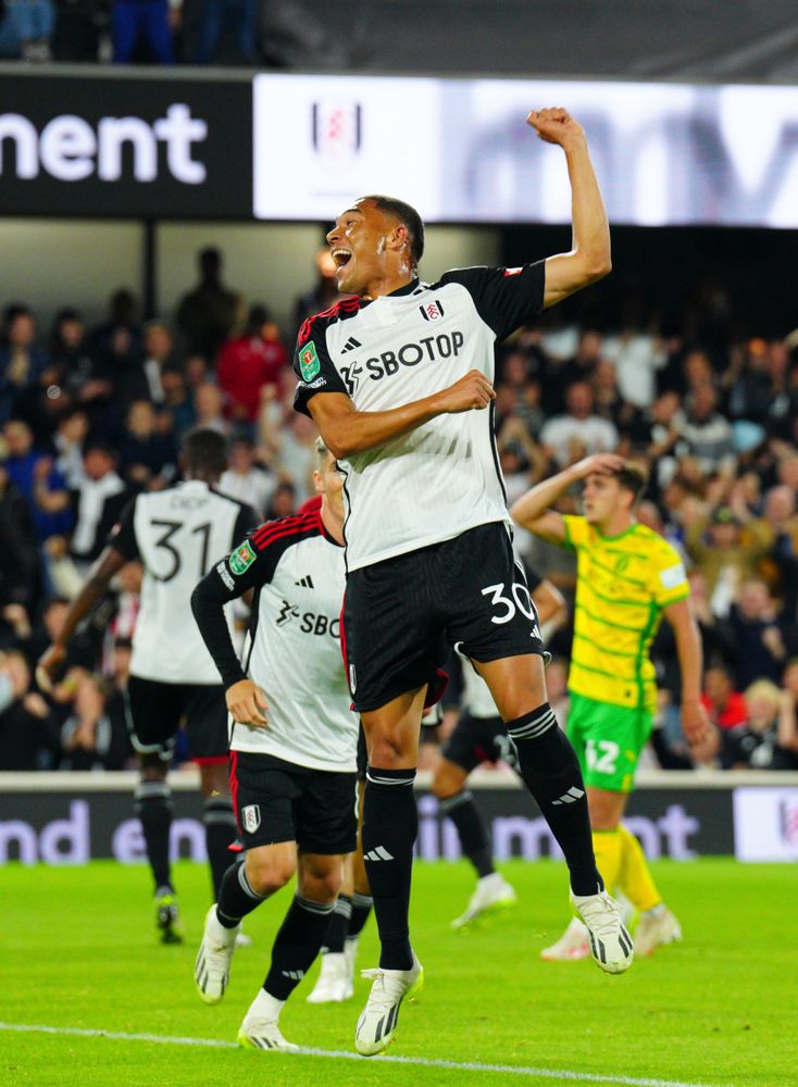 Carlos Vinicius celebrates scoring against Norwich City in Round Three of the Carabao Cup