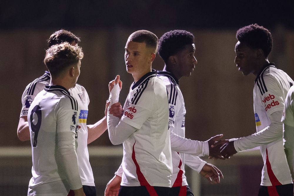Fulham U21s players celebrate Callum Osmand's goal against West Ham United U21s Fulham U21s players celebrate Callum Osmand's goal against West Ham United U21s