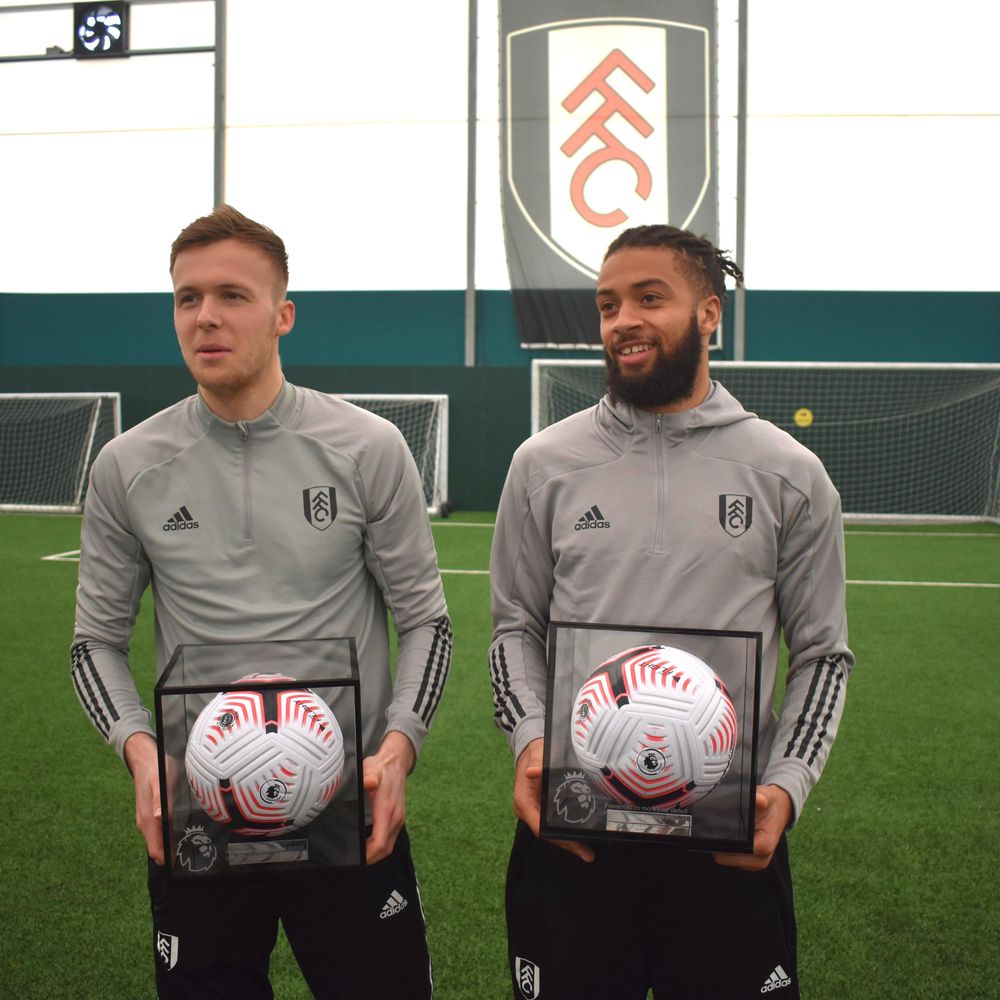 Marek Rodák and Michael Hector with their Premier League debut balls Marek Rodák and Michael Hector with their Premier League debut balls