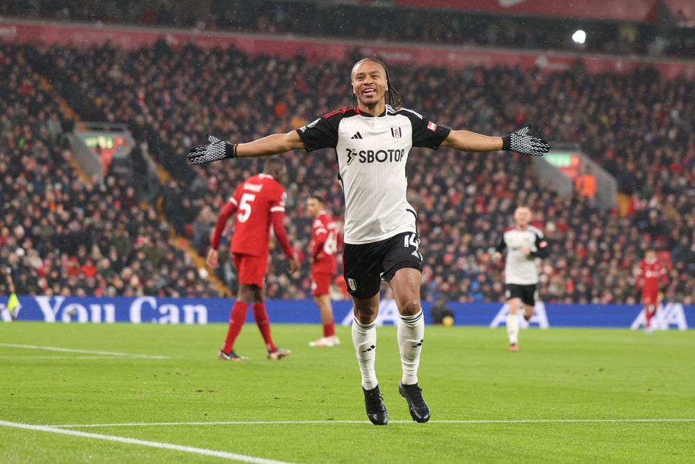 Bobby De Cordova-Reid celebrates scoring at Anfield Bobby De Cordova-Reid celebrates scoring at Anfield