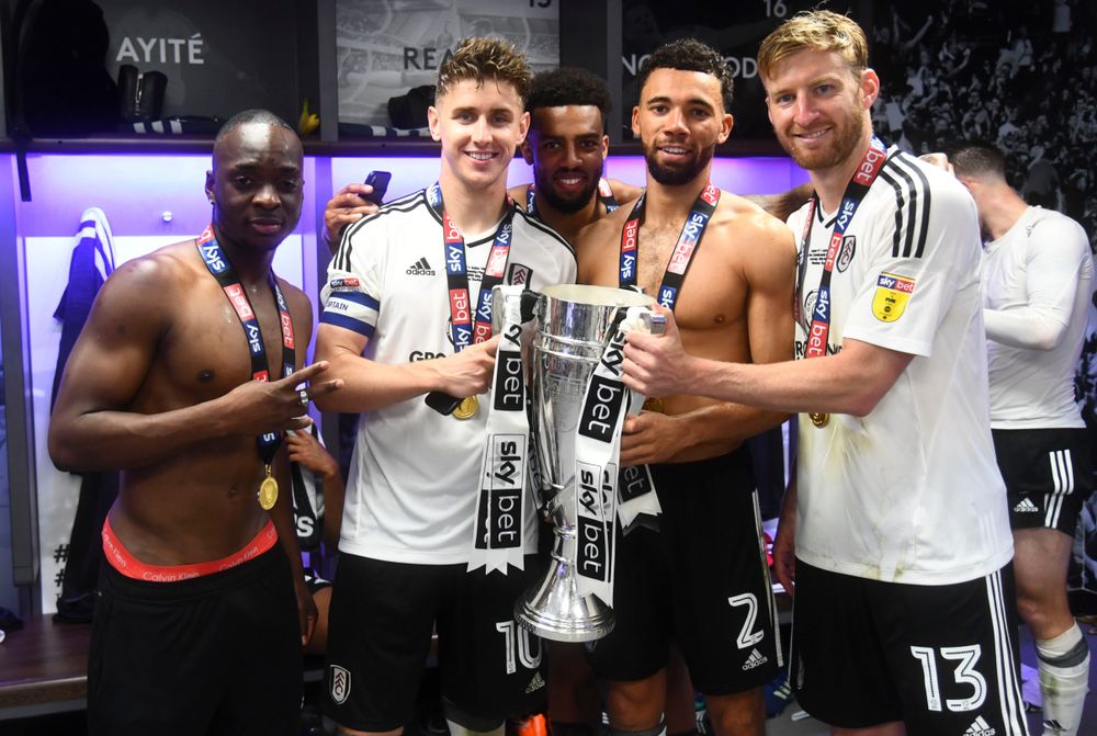 Neeskens Kebano, Tom Cairney, Cyrus Christie, Ryan Fredericks and Tim Ream celebrate winning the 2018 Play-Offs Neeskens Kebano, Tom Cairney, Cyrus Christie, Ryan Fredericks and Tim Ream celebrate winning the 2018 Play-Offs
