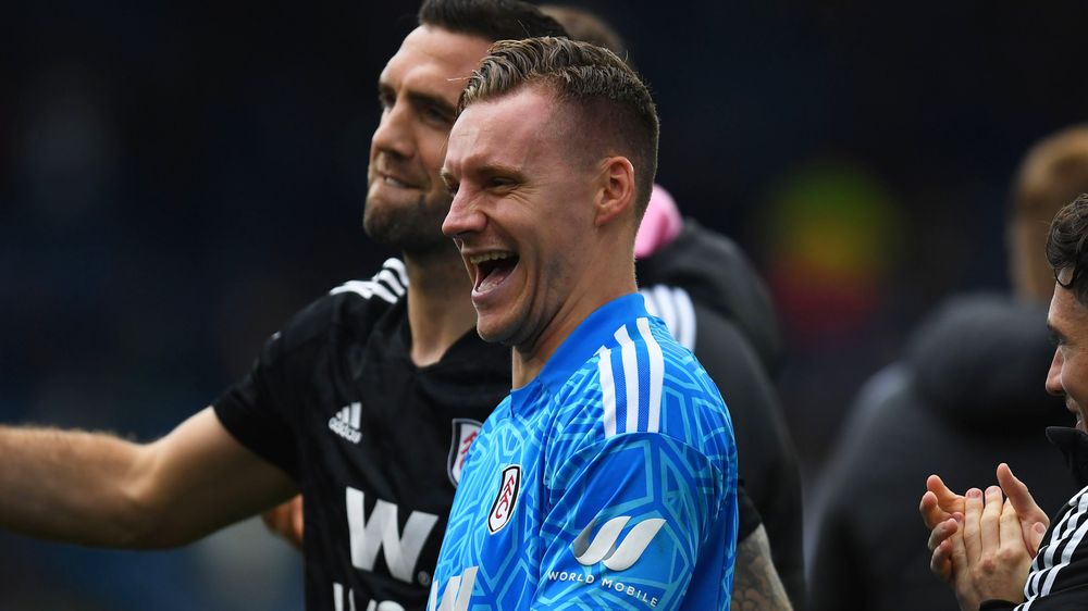 Bernd Leno celebrates at full-time against Leeds United