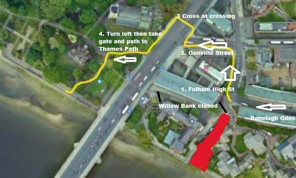 Walking route to Bishop's Park via the pedestrian crossing Walking route to Bishop's Park via the pedestrian crossing