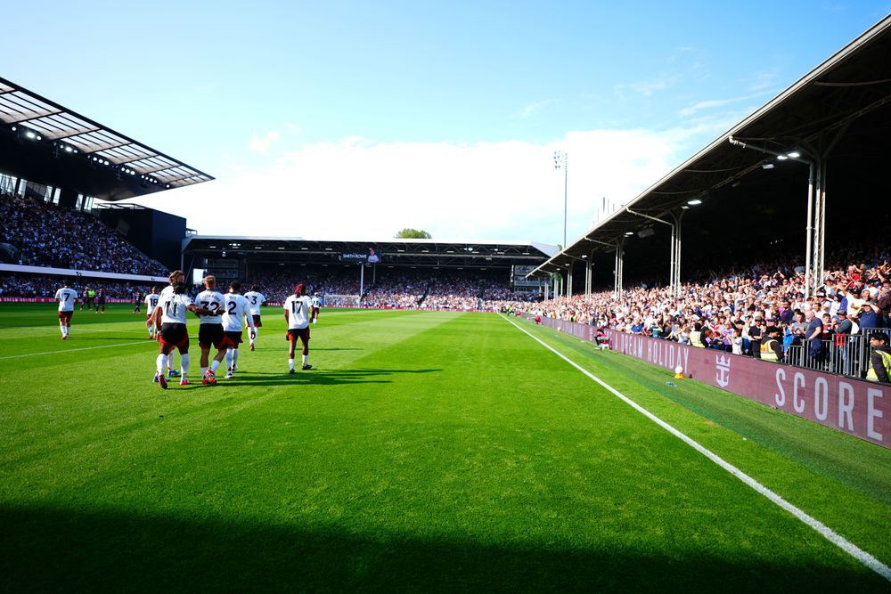 Fulham players celebrate a goal on the pitch at Craven Cottage