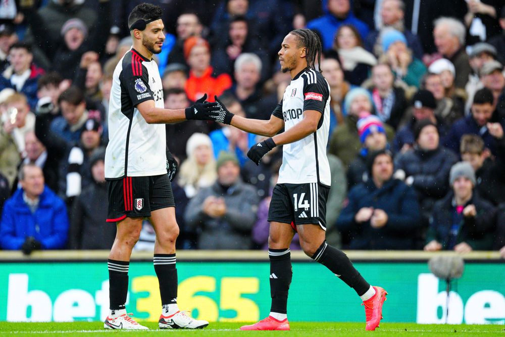 Bobby De Cordova-Reid celebrates his goal against Arsenal with Raul Jimenez