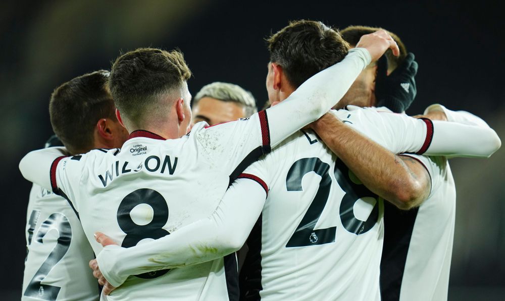 Fulham's players celebrate Manor Solomon's goal against Leeds