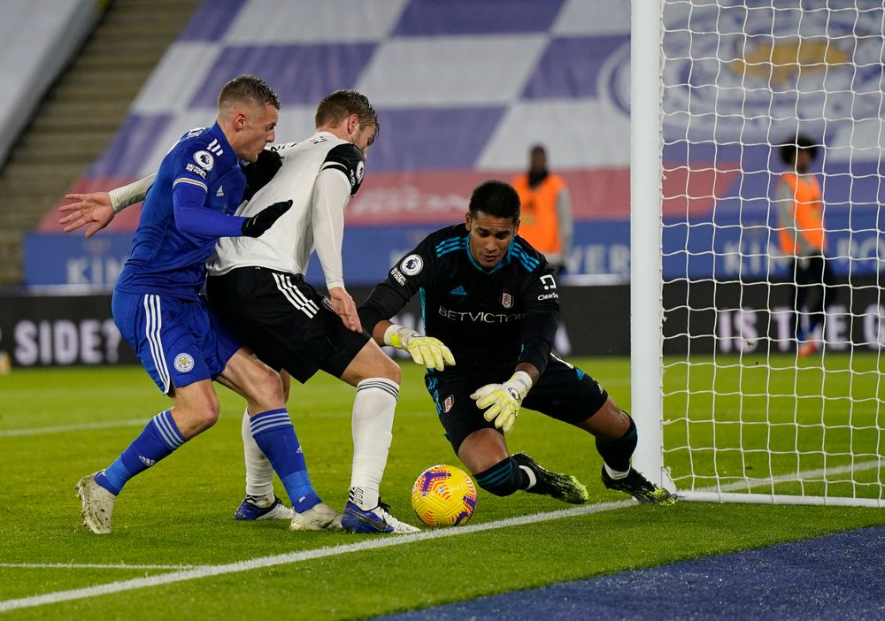 Joachim Andersen shields the ball from Jamie Vardy Joachim Andersen shields the ball from Jamie Vardy