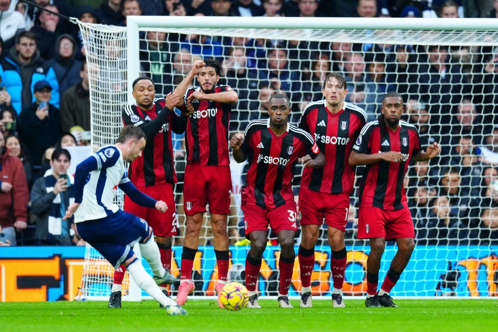 The Fulham wall face a James Maddison free-kick The Fulham wall face a James Maddison free-kick