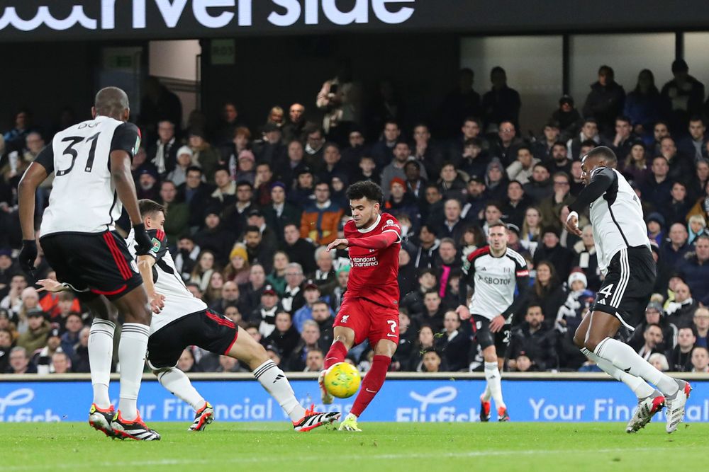 Luis Diaz's shot takes a massive deflection off Joao Palhinha on its way in Luis Diaz's shot takes a massive deflection off Joao Palhinha on its way in