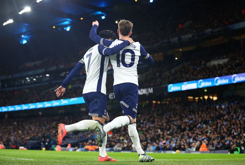 Son and James Maddison celebrate at the Etihad Son and James Maddison celebrate at the Etihad