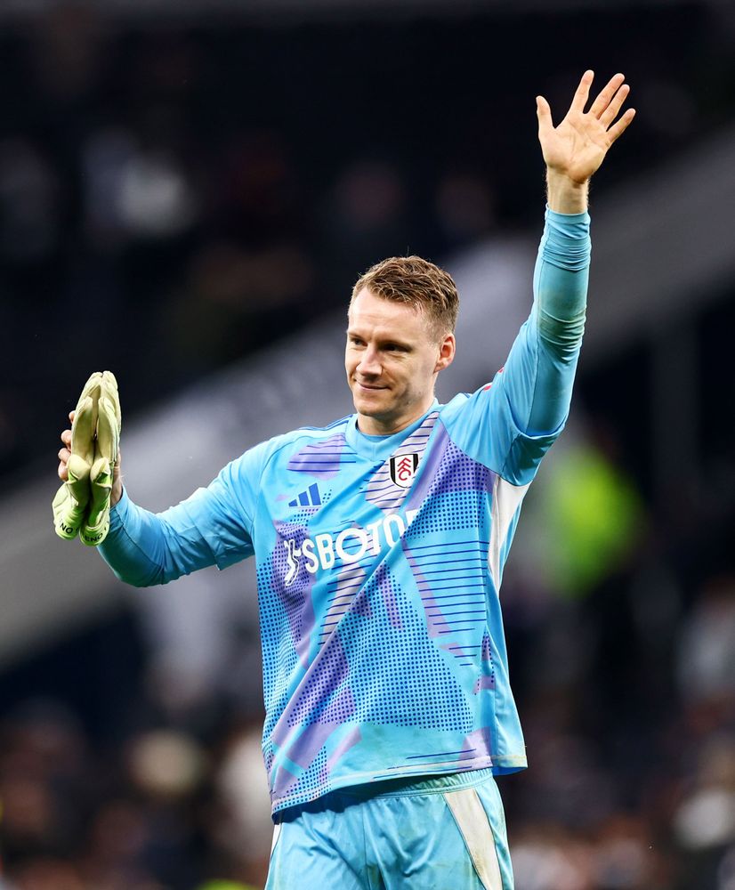 Bernd Leno acknowledges the Fulham fans at Tottenham Hotspur Stadium