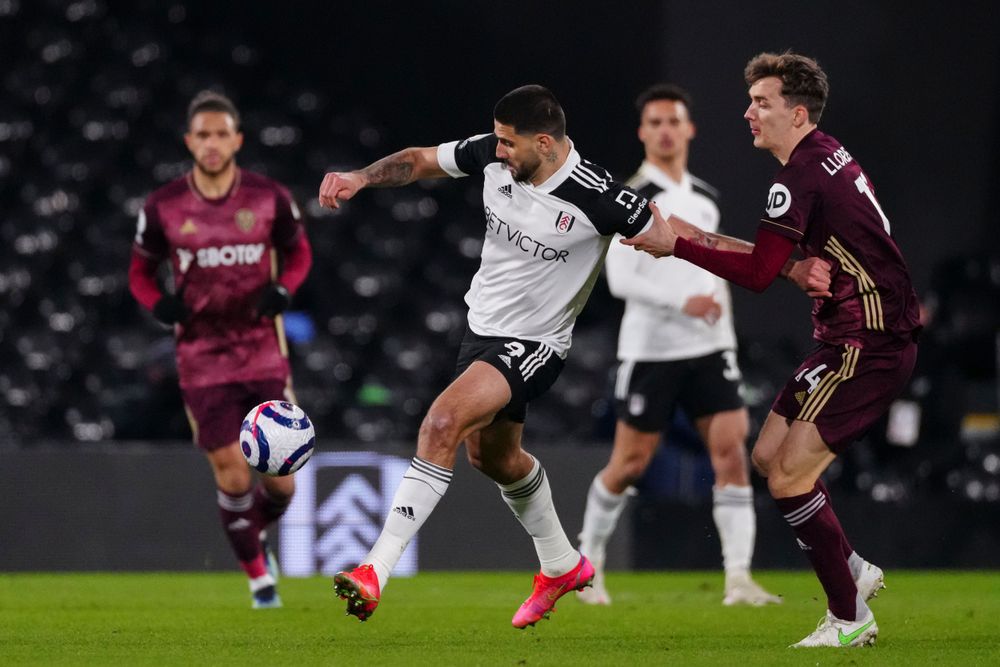 Aleksandar Mitrović battles for the ball.