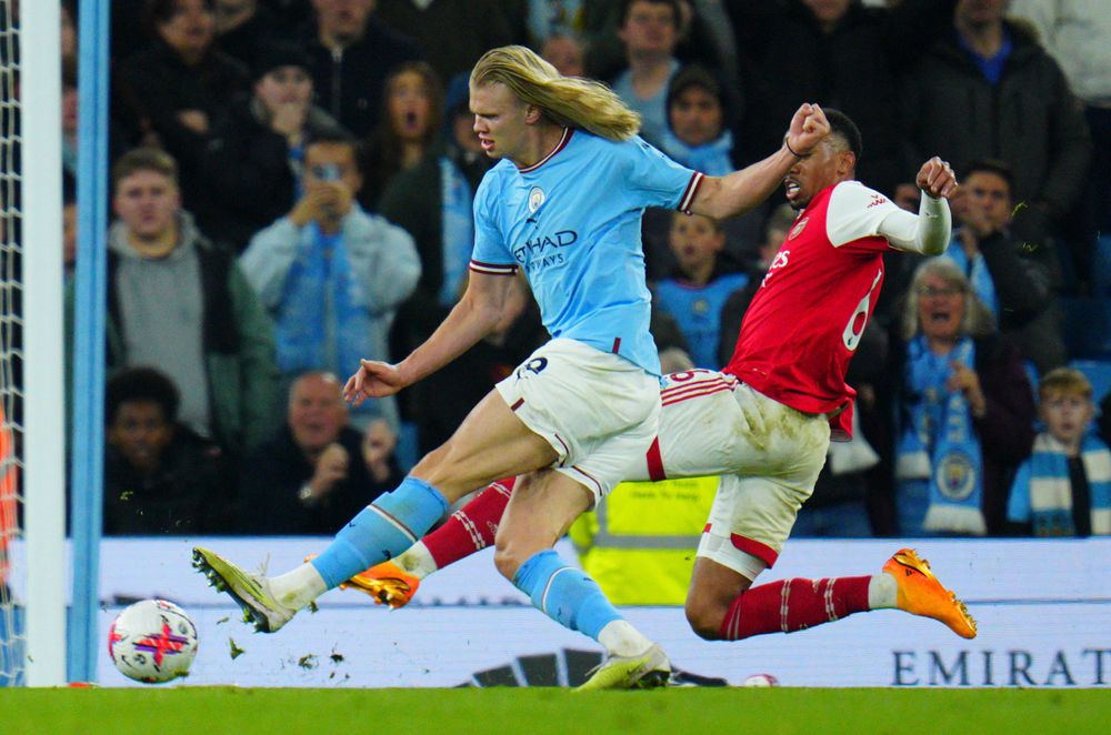 Erling Haaland scores his 49th goal of the season against Arsenal