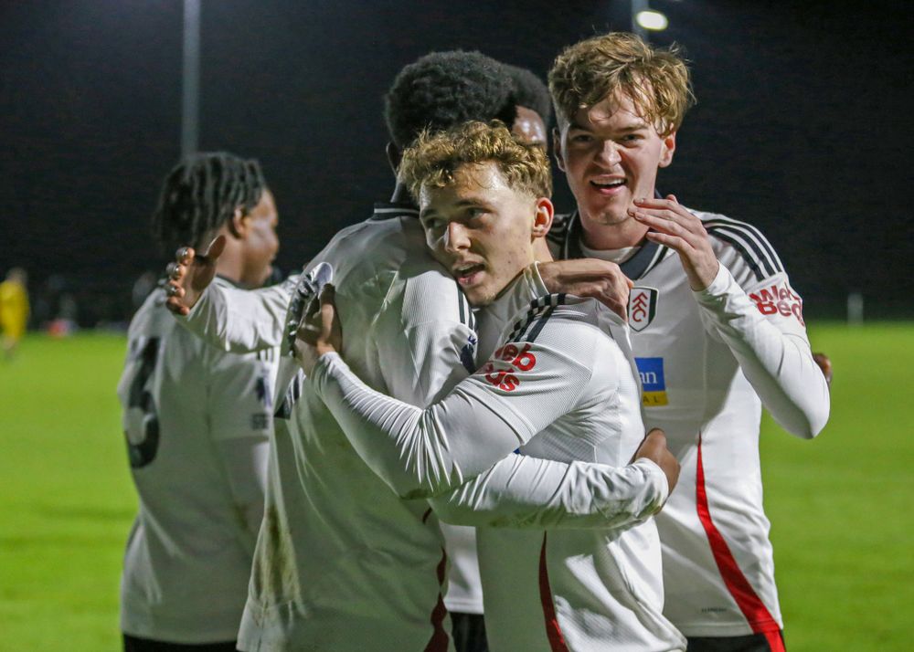 Callum Osmand celebrates after scoring for Fulham Under-21s against Leeds United Under-21s
