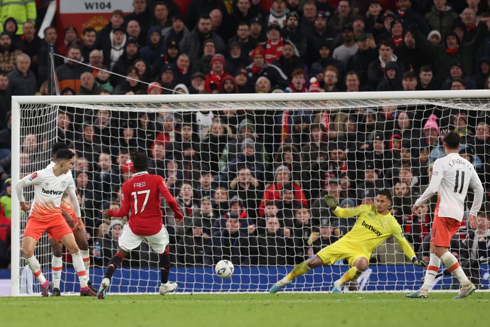 Fred scores Manchester United's third goal against West Ham United