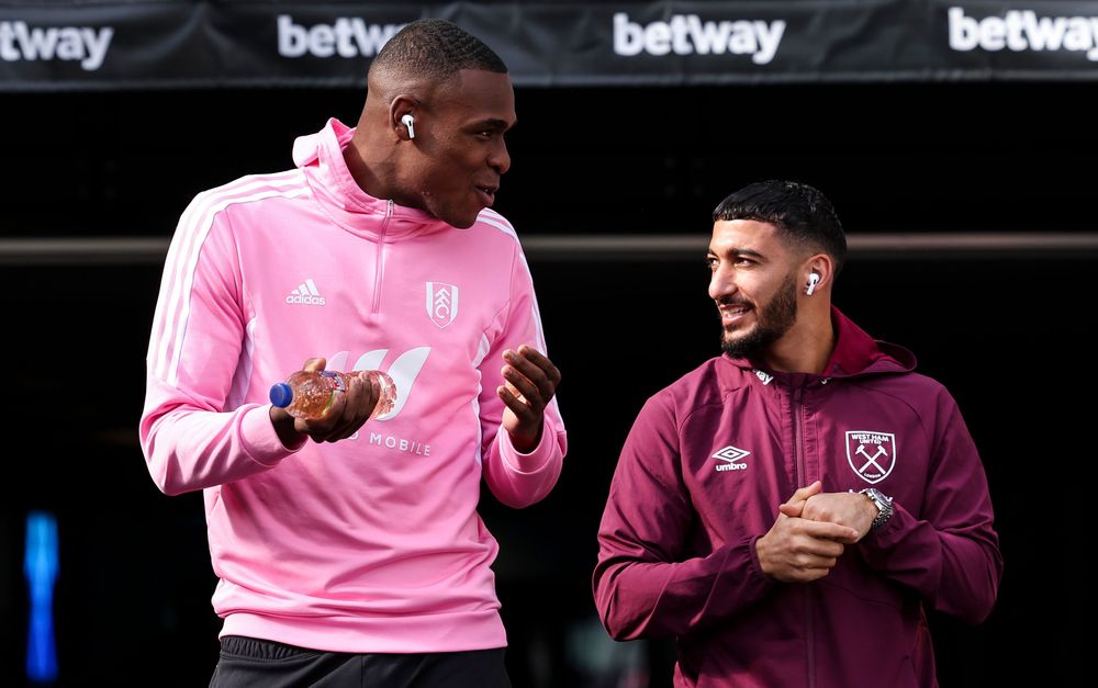 Issa Diop chats to Said Benrahma ahead of Fulham's game against West Ham at London Stadium