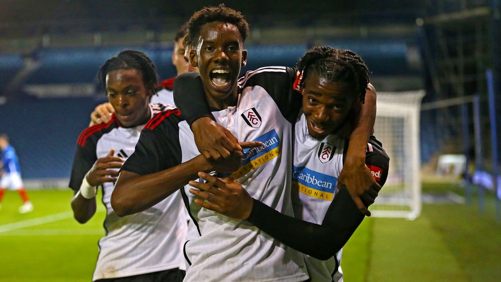 Fulham U21s players Harvey Aruajo and Delano McCoy-Splatt celebrate against Portsmouth