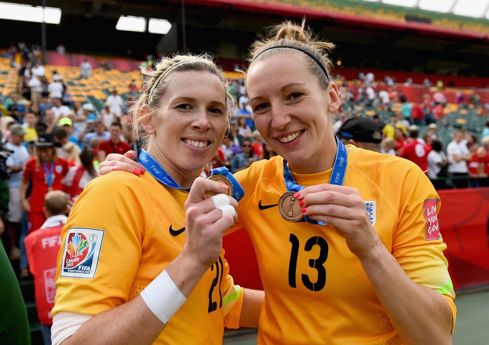 Siobhan Chamberlain celebrates finishing third at the World Cup with Carly Telford Siobhan Chamberlain celebrates finishing third at the World Cup with Carly Telford