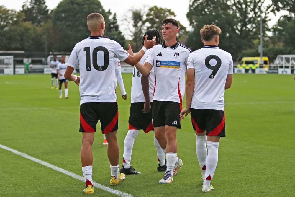 Fulham U21s players celebrate after scoring against Leicester City