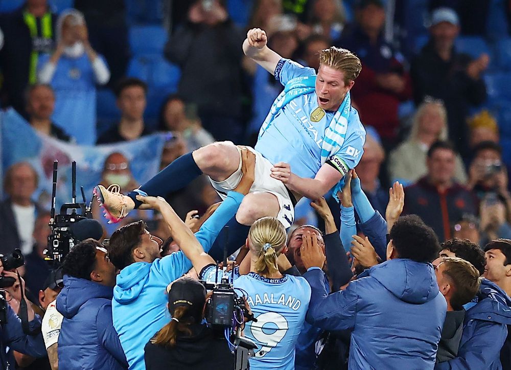 Kevin De Bruyne is thrown in the air after his final match at the Etihad Kevin De Bruyne is thrown in the air after his final match at the Etihad
