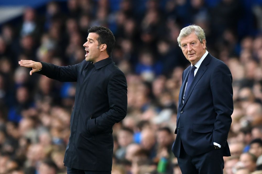 Marco Silva and Roy Hodgson on the touchline during Everton v Crystal Palace