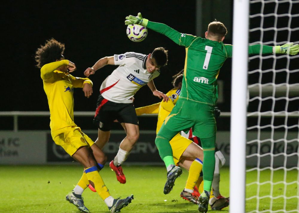 Chris Donnell heads the ball onto the crossbar during Fulham U21's 2-1 win over Leeds United U21s. Chris Donnell heads the ball onto the crossbar during Fulham U21's 2-1 win over Leeds United U21s.
