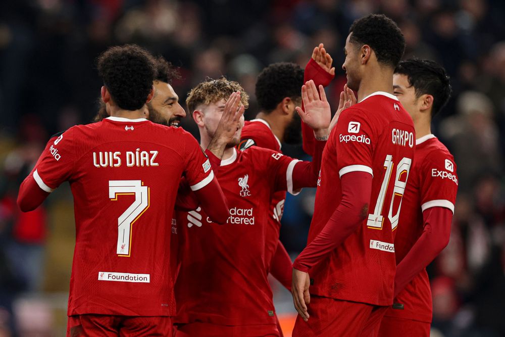 Liverpool celebrate scoring against LASK Liverpool celebrate scoring against LASK