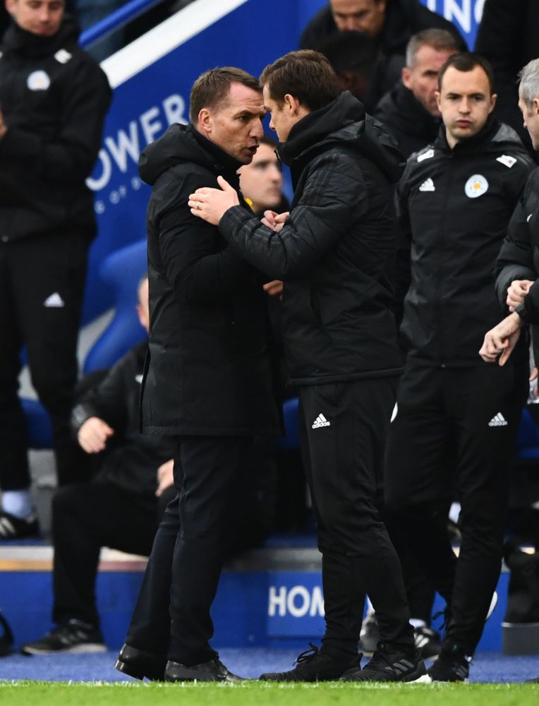 Brendan Rodgers and Scott Parker embrace at full-time Brendan Rodgers and Scott Parker embrace at full-time
