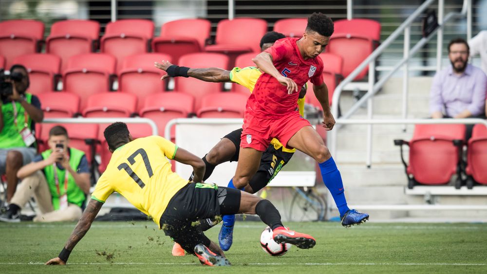 Antonee Robinson in action for the United States against Jamaica Antonee Robinson in action for the United States against Jamaica