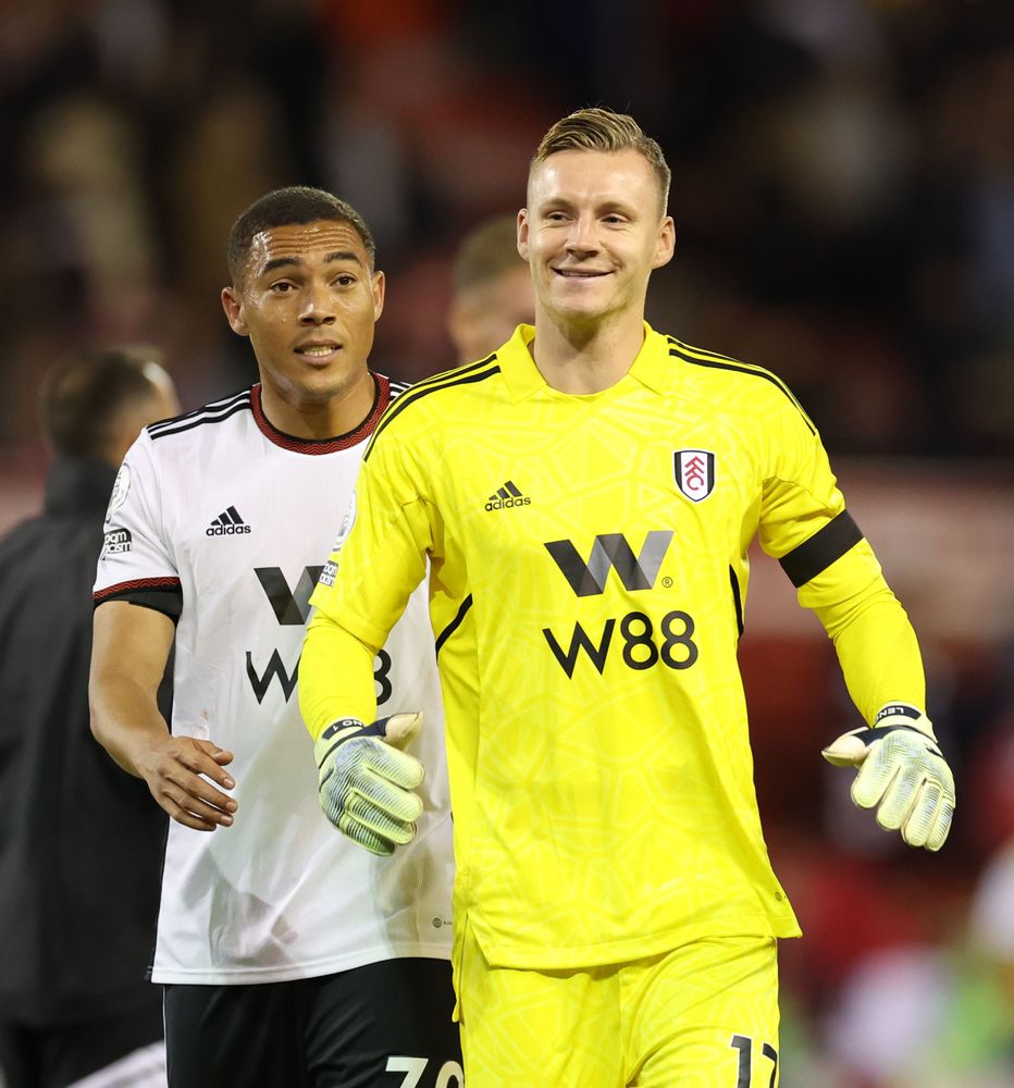 Bernd Leno celebrates with the Fulham fans after victory over Nottingham Forest