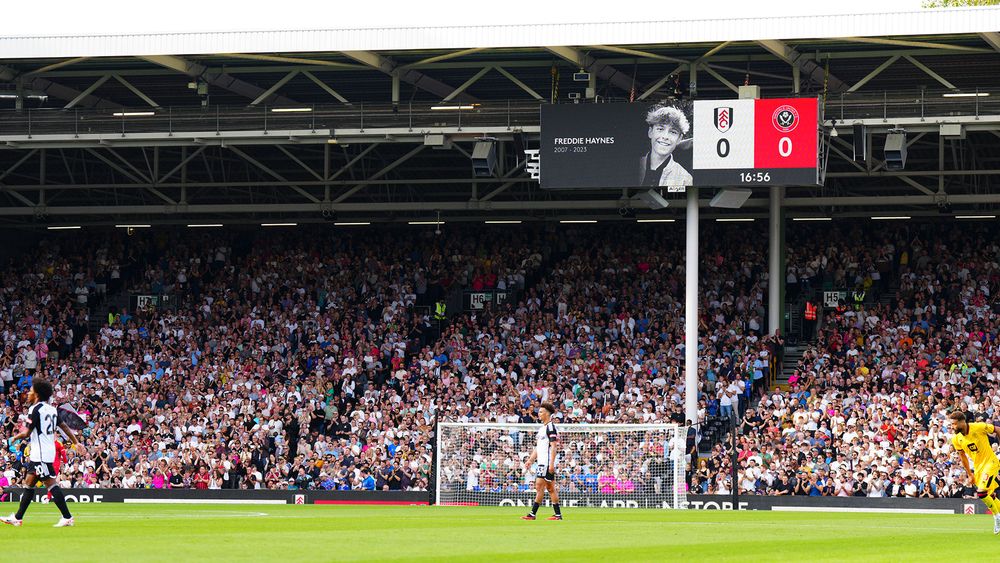 A picture of Freddie Haynes on the big screen inside Craven Cottage A picture of Freddie Haynes on the big screen inside Craven Cottage