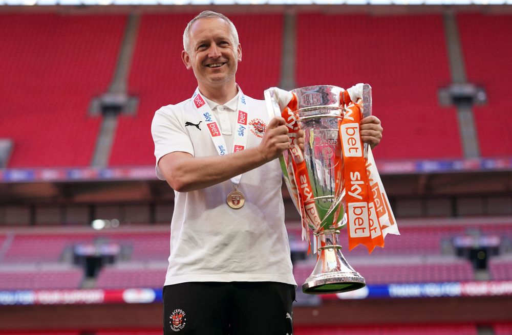 Blackpool head coach Neil Critchley celebrates promotion Blackpool head coach Neil Critchley celebrates promotion
