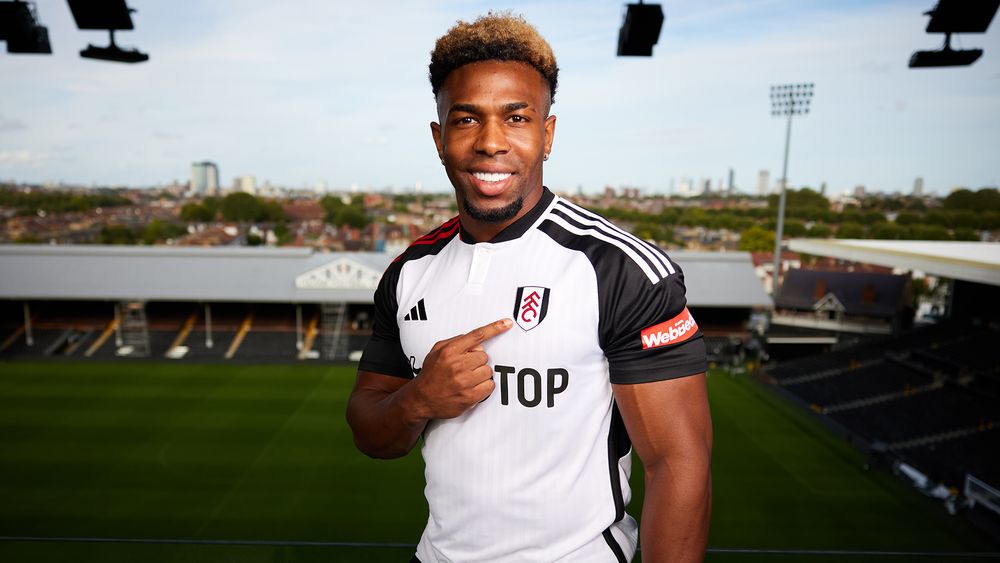 Adama Traoré at the top of the Riverside Stand with the view of London in the background